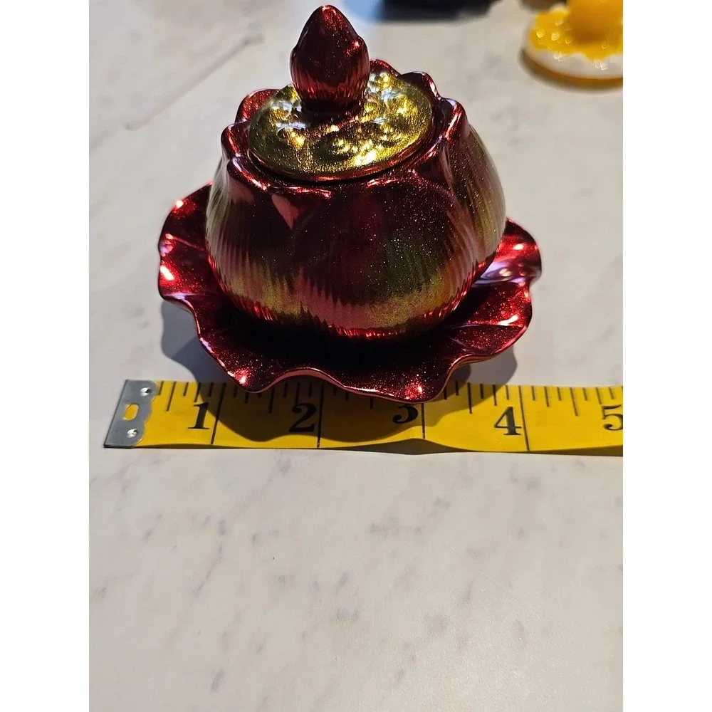Resin Handmade Jar With Lid And Plate Holder Red Gold  Decoration Gift ‎ 625